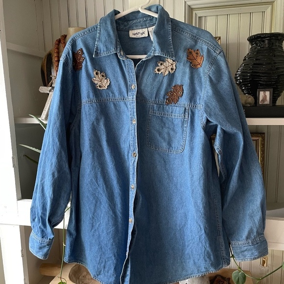 KRAZY KAT AUTUMN LEAVES DENIM BUTTON DOWN SHIRT 1X - Picture 2 of 10